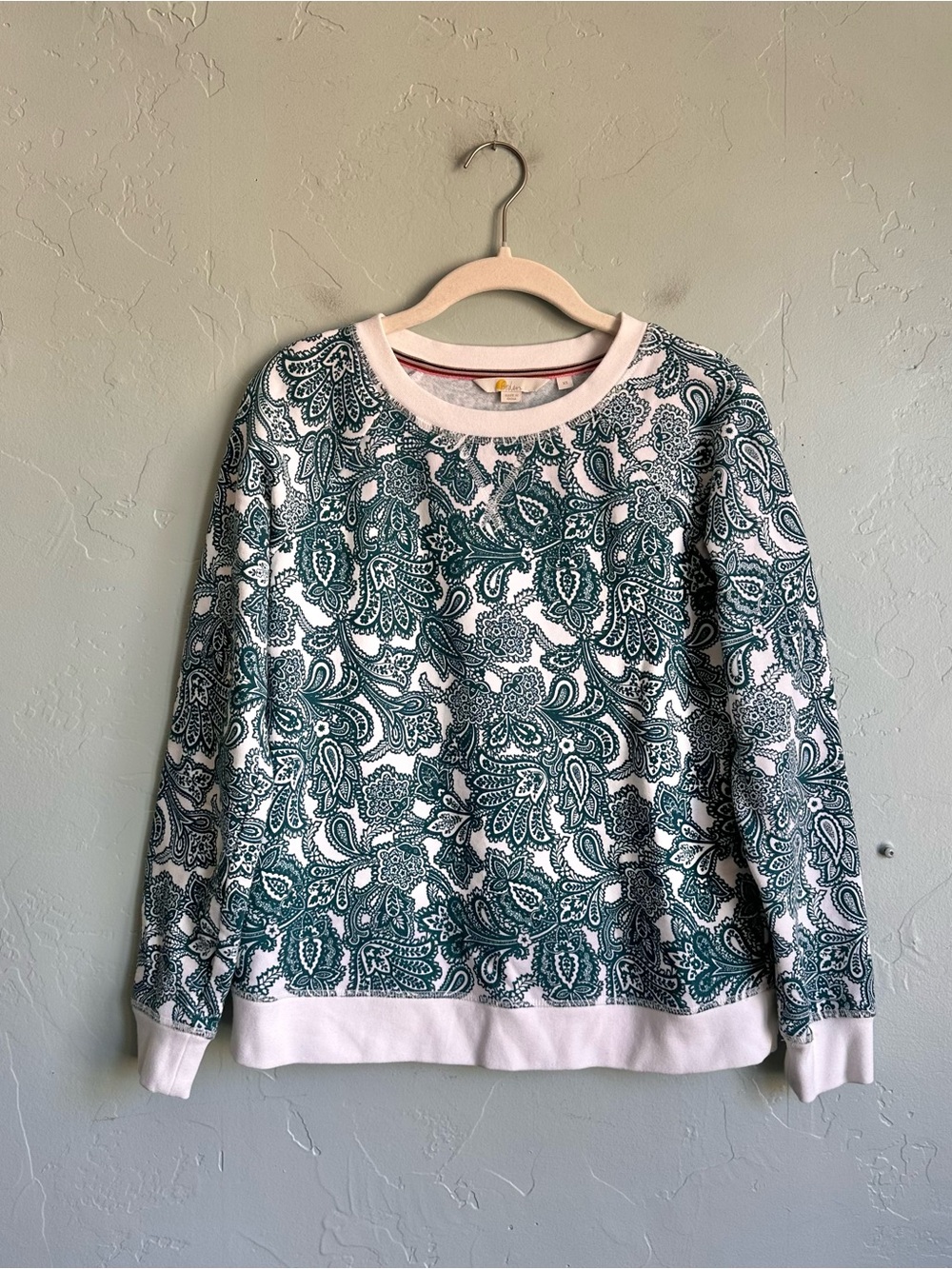 Boden White and Teal Paisley Crewneck Sweater